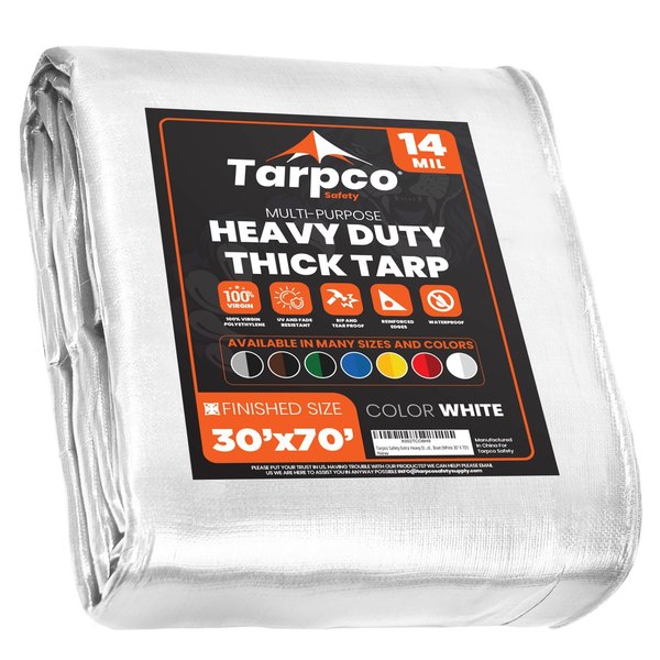 Tarpco Safety 70 ft L x 0.5 mm H x 30 ft W Heavy Duty 14 Mil Tarp, White, Polyethylene TS-104-30X70